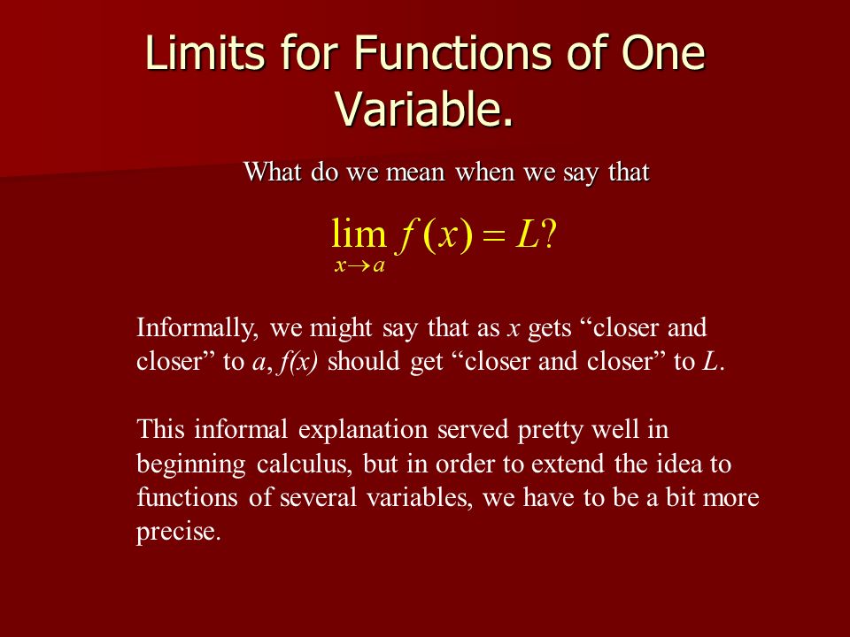 Limits Functions of one and Two Variables. Limits for Functions of One ...