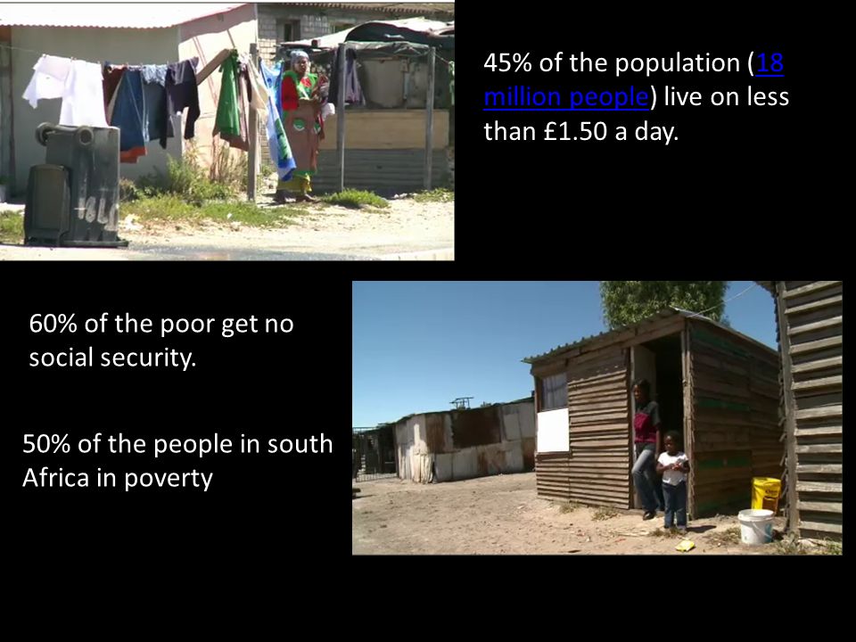 45% of the population (18 million people) live on less than £1.50 a day.18 million people 60% of the poor get no social security.