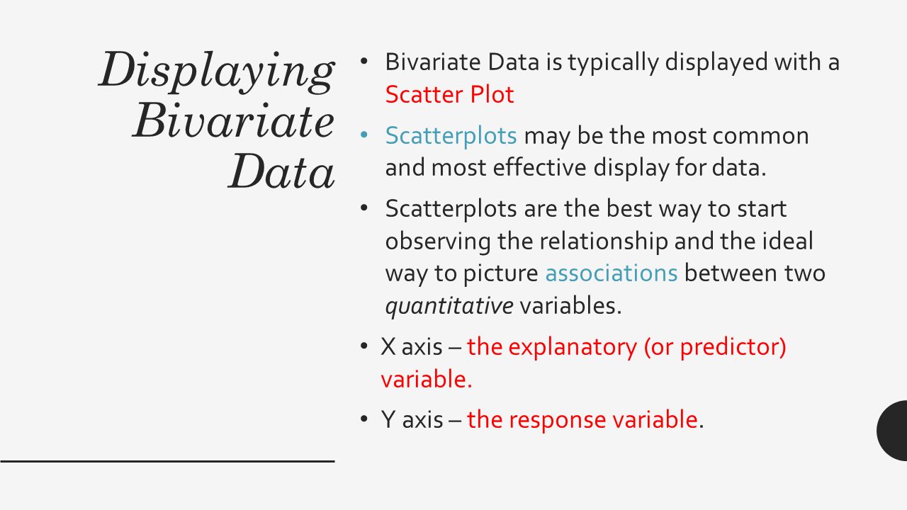 Displaying Bivariate Data Bivariate Data is typically displayed with a Scatter Plot Scatterplots may be the