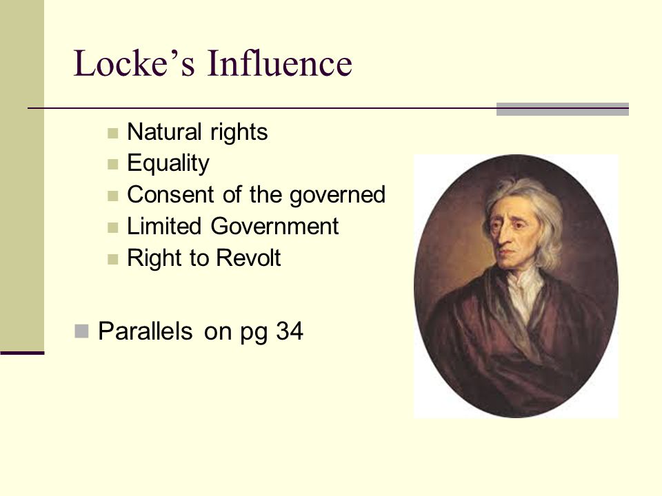 Locke’s Influence Natural rights Equality Consent of the governed Limited Government Right to Revolt Parallels on pg 34
