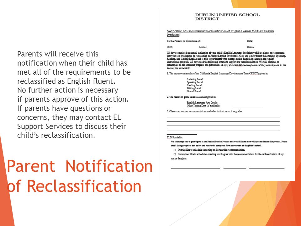 Parent Notification of Reclassification Parents will receive this notification when their child has met all of the requirements to be reclassified as English fluent.