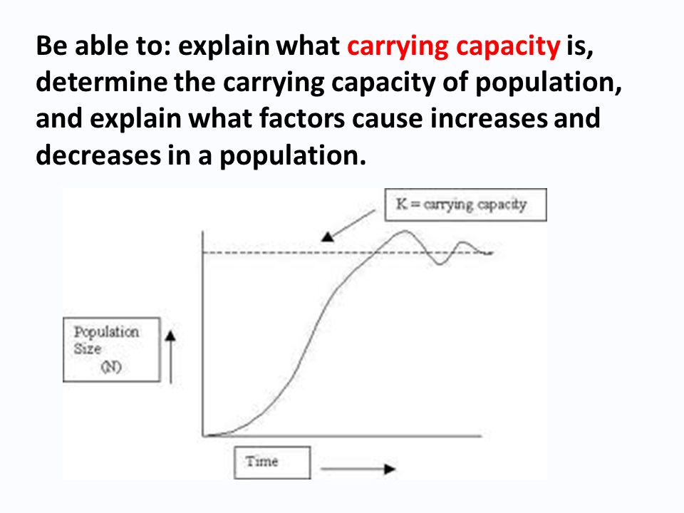 Be able to: explain what carrying capacity is, determine the carrying capacity of population, and explain what factors cause increases and decreases in a population.
