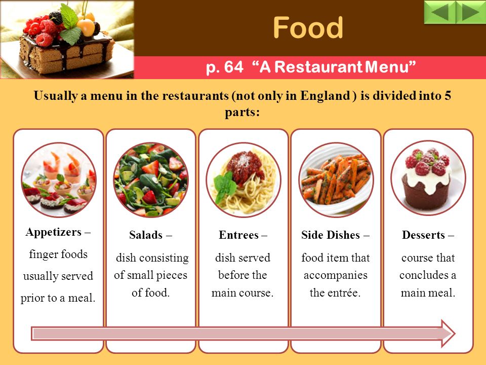 Food p. 64 A Restaurant Menu Appetizers - finger foods usually served prior...