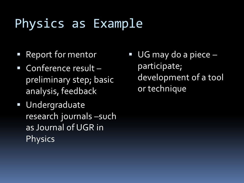 Physics as Example  Report for mentor  Conference result – preliminary step; basic analysis, feedback  Undergraduate research journals –such as Journal of UGR in Physics  UG may do a piece – participate; development of a tool or technique