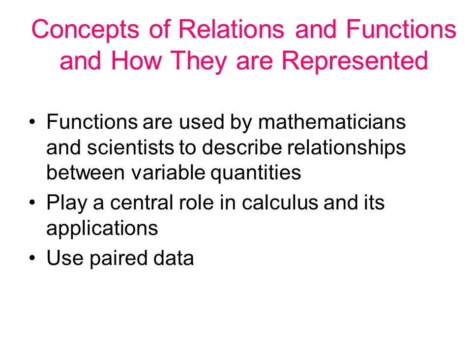 Concepts of Relations and Functions and How They are Represented Functions are used by mathematicians and scientists to describe relationships between variable quantities Play a central role in calculus and its applications Use paired data
