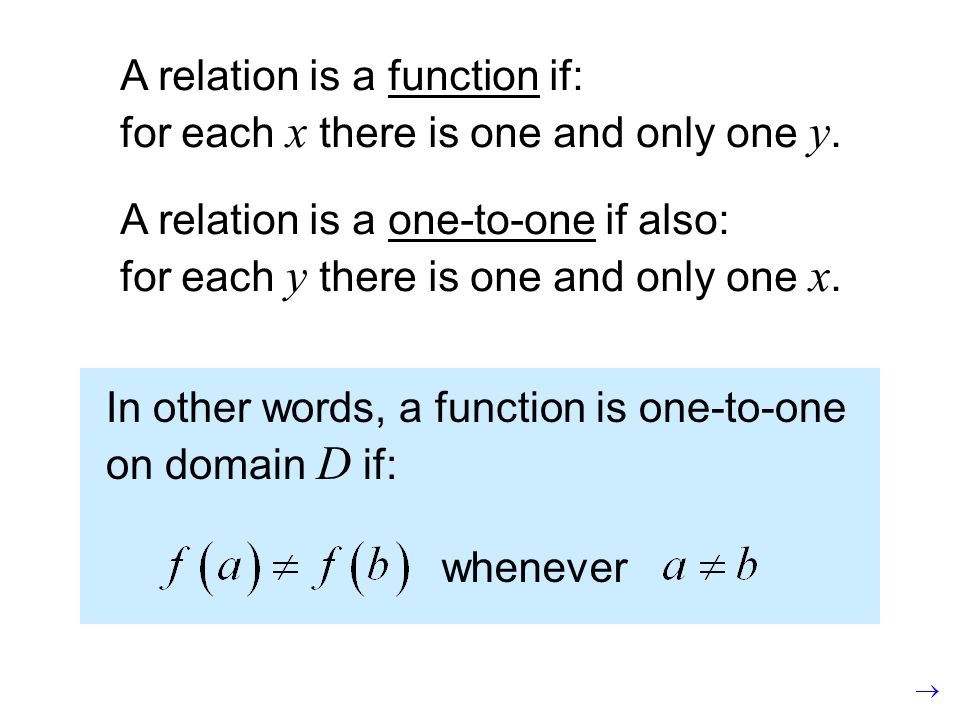 A relation is a function if: for each x there is one and only one y.
