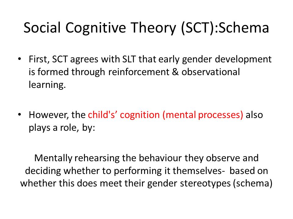 Social Cognitive Theory (SCT):Schema First, SCT agrees with SLT that early gender development is formed through reinforcement & observational learning.