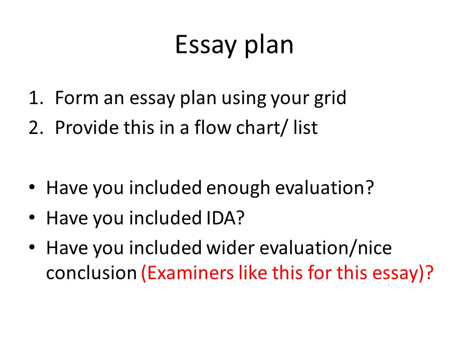 Essay plan 1.Form an essay plan using your grid 2.Provide this in a flow chart/ list Have you included enough evaluation.