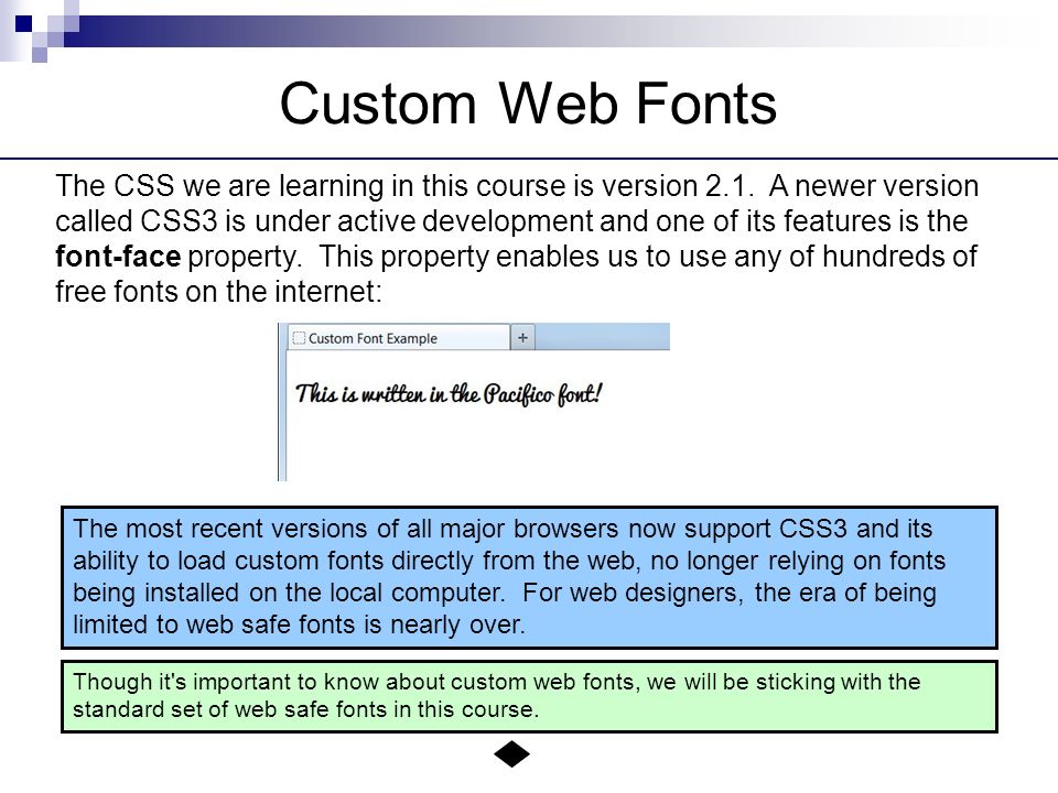 Custom Web Fonts The CSS we are learning in this course is version 2.1.