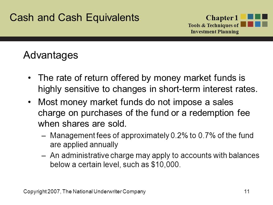 Cash and Cash Equivalents Chapter 1 Tools & Techniques of Investment Planning Copyright 2007, The National Underwriter Company11 Advantages The rate of return offered by money market funds is highly sensitive to changes in short-term interest rates.