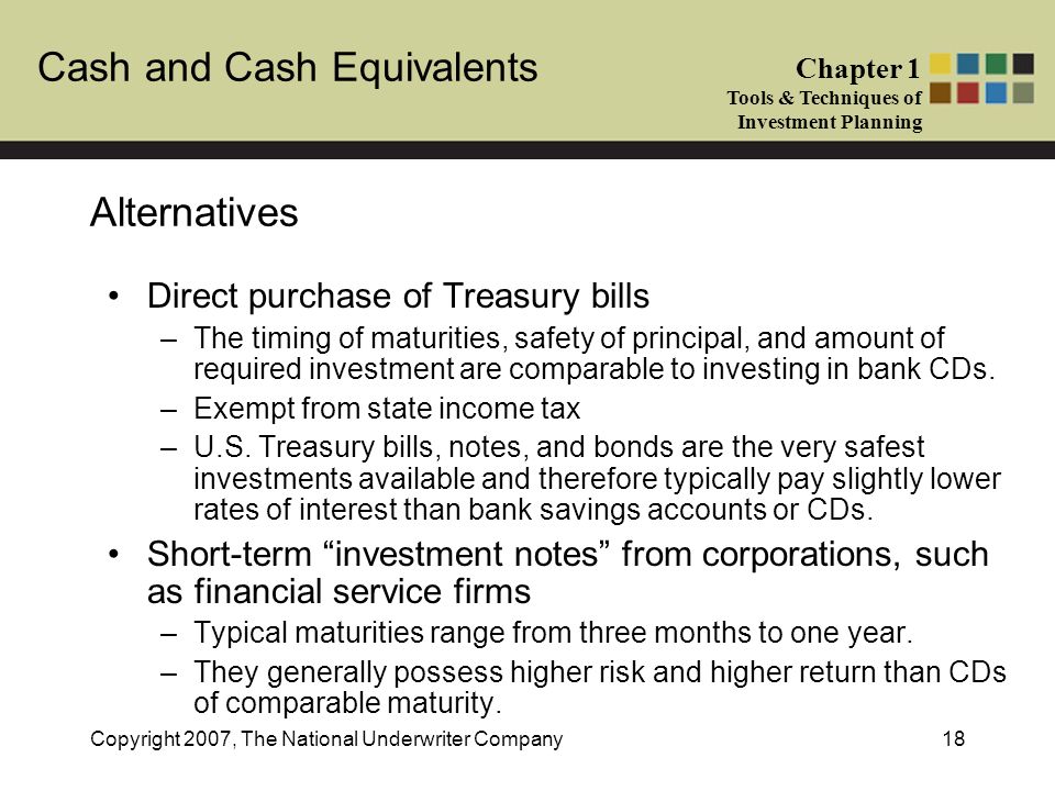 Cash and Cash Equivalents Chapter 1 Tools & Techniques of Investment Planning Copyright 2007, The National Underwriter Company18 Alternatives Direct purchase of Treasury bills –The timing of maturities, safety of principal, and amount of required investment are comparable to investing in bank CDs.