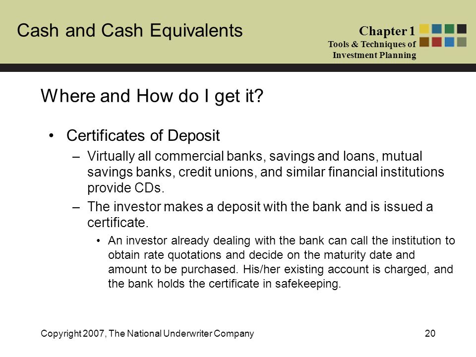 Cash and Cash Equivalents Chapter 1 Tools & Techniques of Investment Planning Copyright 2007, The National Underwriter Company20 Where and How do I get it.
