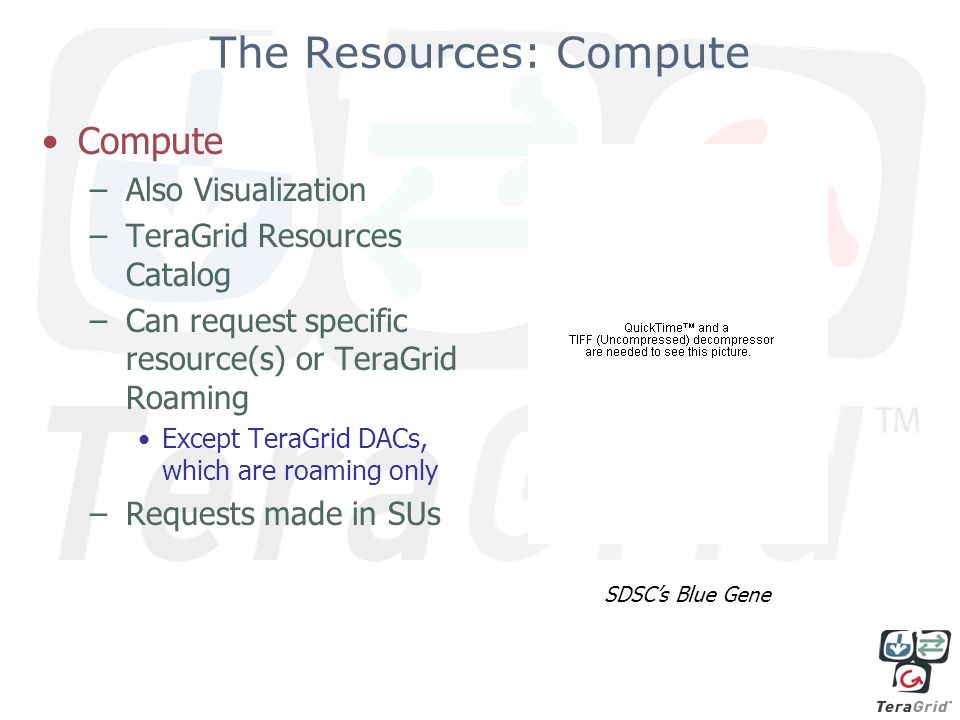 The Resources: Compute Compute –Also Visualization –TeraGrid Resources Catalog –Can request specific resource(s) or TeraGrid Roaming Except TeraGrid DACs, which are roaming only –Requests made in SUs SDSC’s Blue Gene