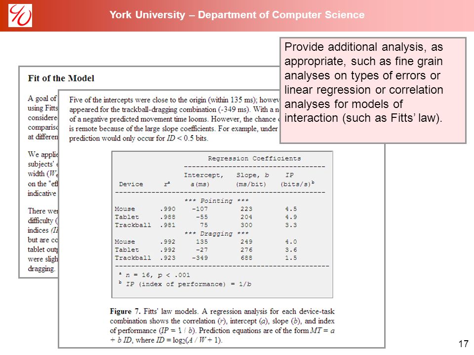 17 York University – Department of Computer Science Provide additional analysis, as appropriate, such as fine grain analyses on types of errors or linear regression or correlation analyses for models of interaction (such as Fitts’ law).