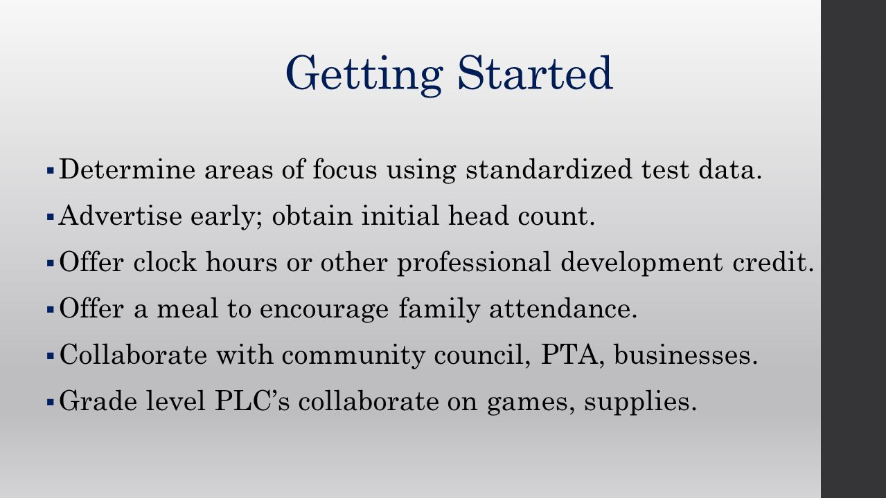 Getting Started  Determine areas of focus using standardized test data.