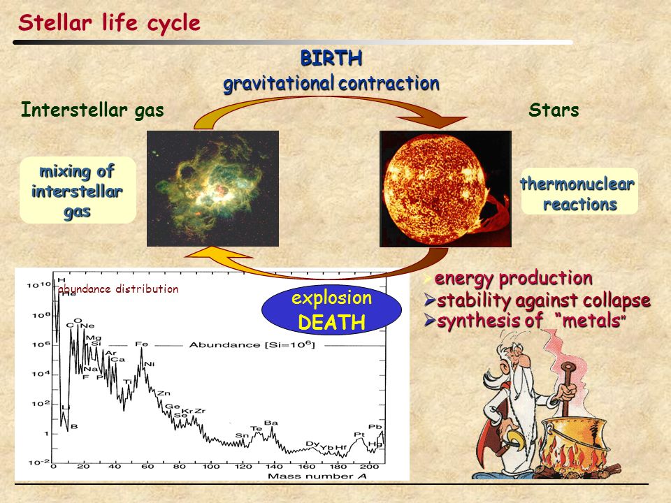 Stellar life cycle energy production  energy production  stability against collapse  synthesis of metals thermonuclearreactions BIRTH gravitational contraction explosion DEATH mixing of interstellar gas Interstellar gasStars abundance distribution