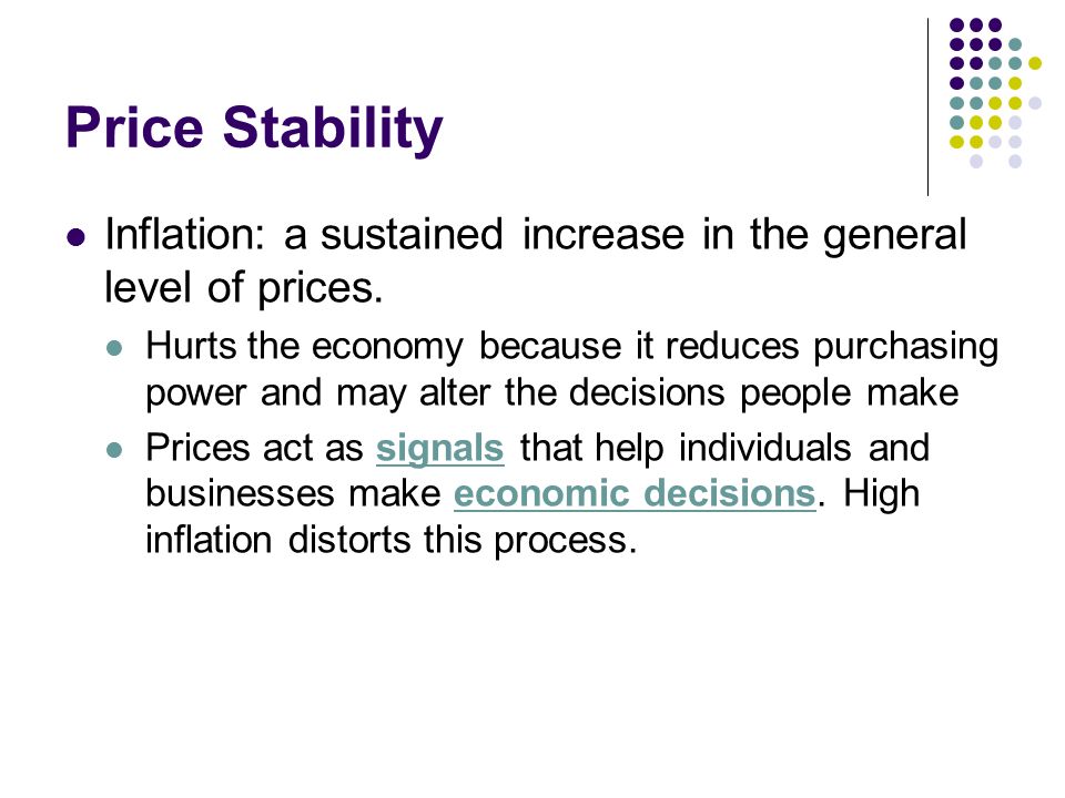 Price Stability Inflation: a sustained increase in the general level of prices.