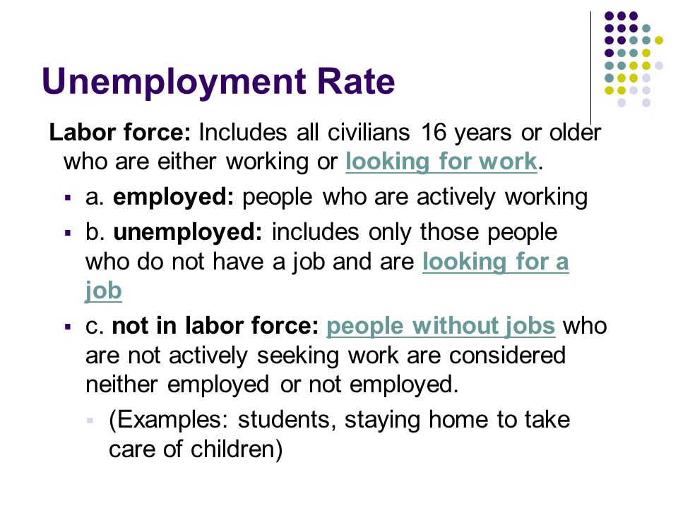 Unemployment Rate Labor force: Includes all civilians 16 years or older who are either working or looking for work.