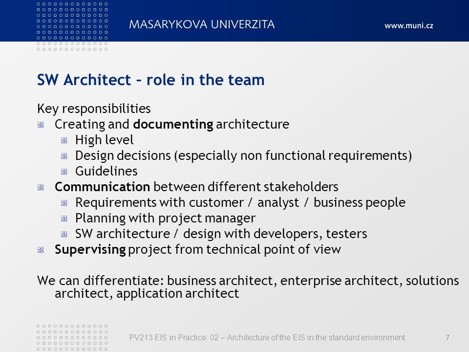 pv213 eis in practice 02 architecture of the eis in the standard solution architect roles and responsibilities