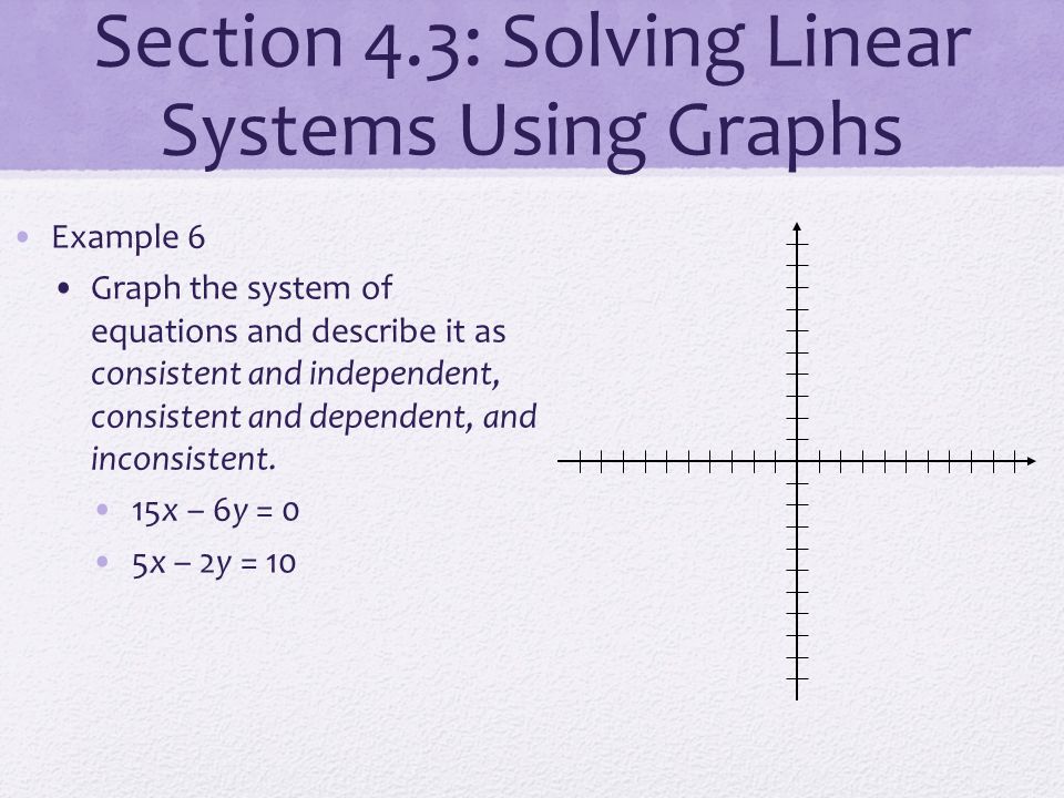 Section 4.3: Solving Linear Systems Using Graphs Example 6 Graph the system of equations and describe it as consistent and independent, consistent and dependent, and inconsistent.