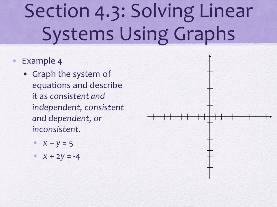 Example 4 Graph the system of equations and describe it as consistent and independent, consistent and dependent, or inconsistent.