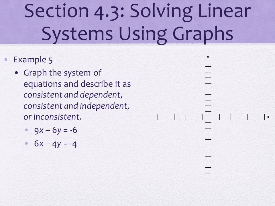 Section 4.3: Solving Linear Systems Using Graphs Example 5 Graph the system of equations and describe it as consistent and dependent, consistent and independent, or inconsistent.