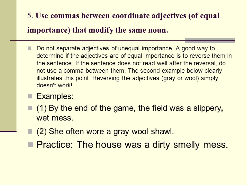 A Lesson in Punctuation to use Comma. 1. Use a comma before the conjunction (and, for, but, or, nor, so) that joins the two independent clauses. - ppt