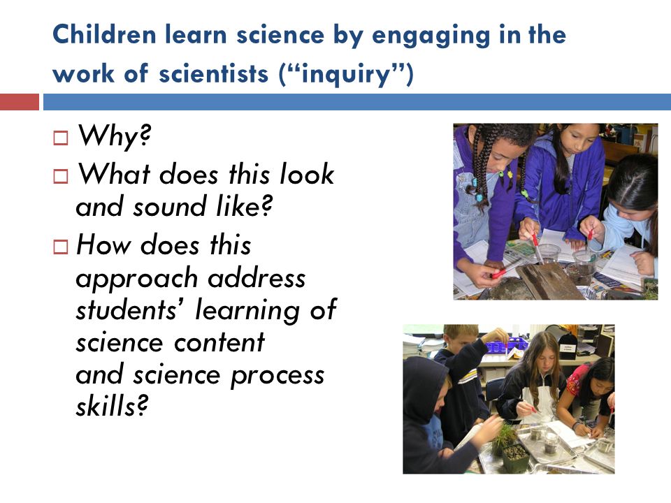 Children learn science by engaging in the work of scientists ( inquiry )  Why.