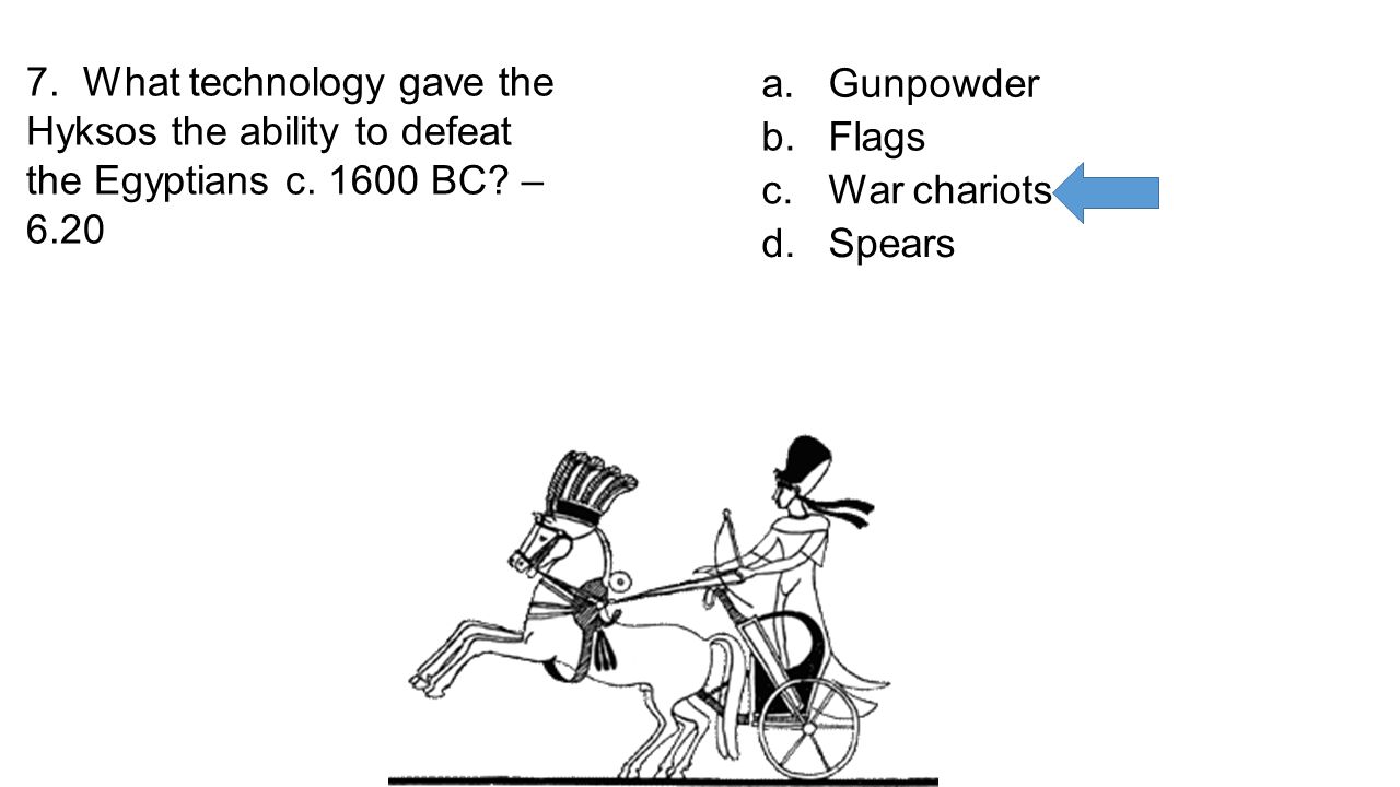 a. Gunpowder b. Flags c. War chariots d. Spears 7.