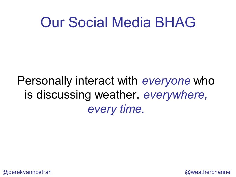 Our Social Media BHAG Personally interact with everyone who is discussing weather, everywhere, every time.