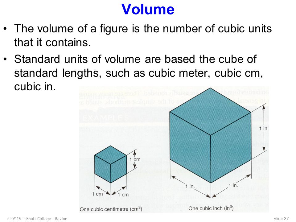 PHY115 – Sault College – Bazlurslide 27 Volume The volume of a figure is the number of cubic units that it contains.