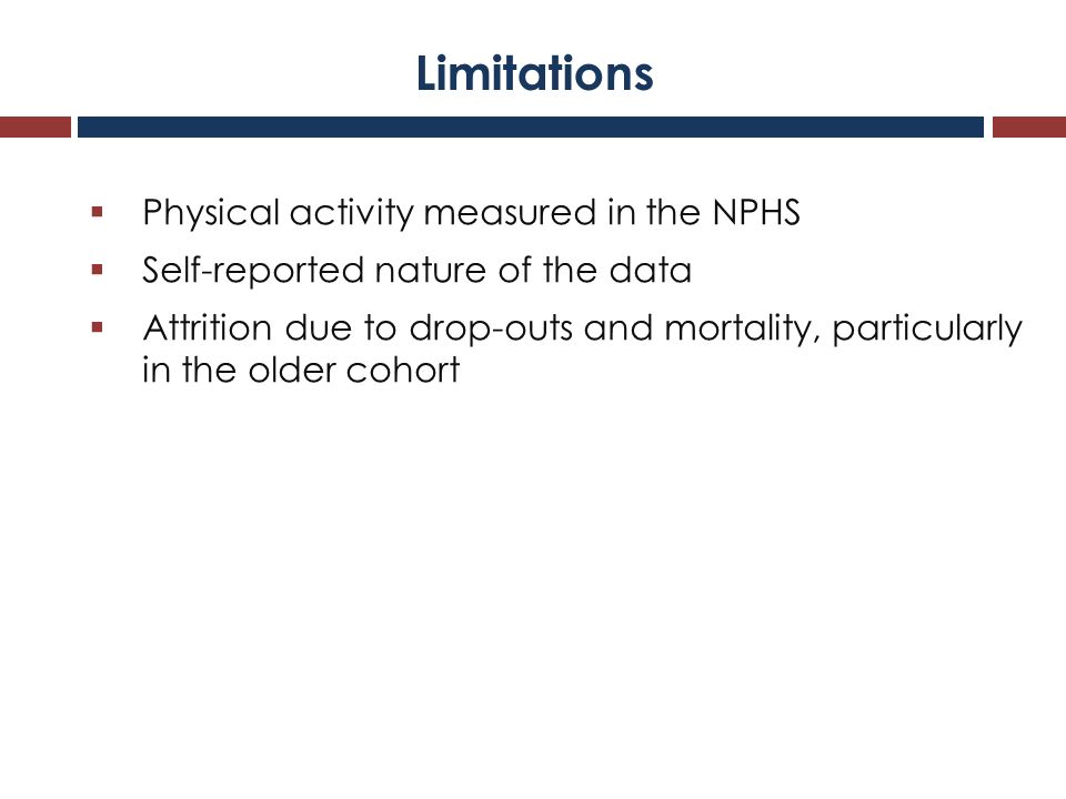  Physical activity measured in the NPHS  Self-reported nature of the data  Attrition due to drop-outs and mortality, particularly in the older cohort Limitations