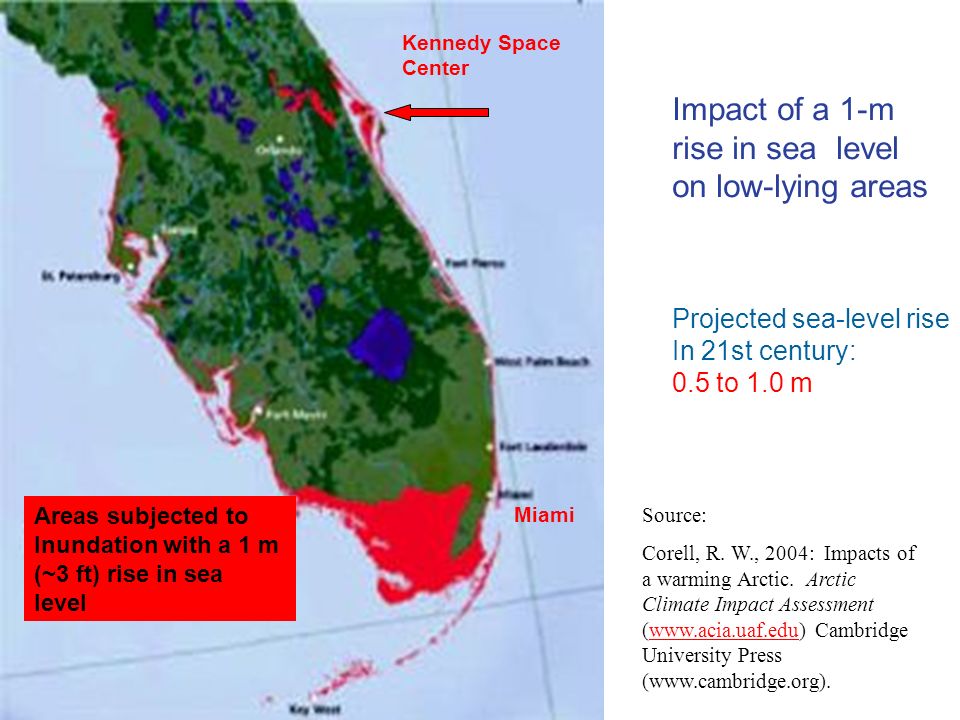 Areas subjected to Inundation with a 1 m (~3 ft) rise in sea level Kennedy Space Center Miami Impact of a 1-m rise in sea level on low-lying areas Source: Corell, R.