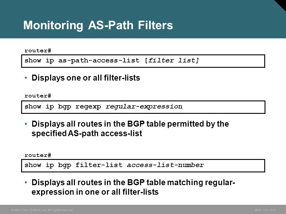 2005 Cisco Systems, Inc. All rights reserved. BGP v3.2—3-1 Route Selection  Using Policy Controls Employing AS-Path Filters. - ppt download