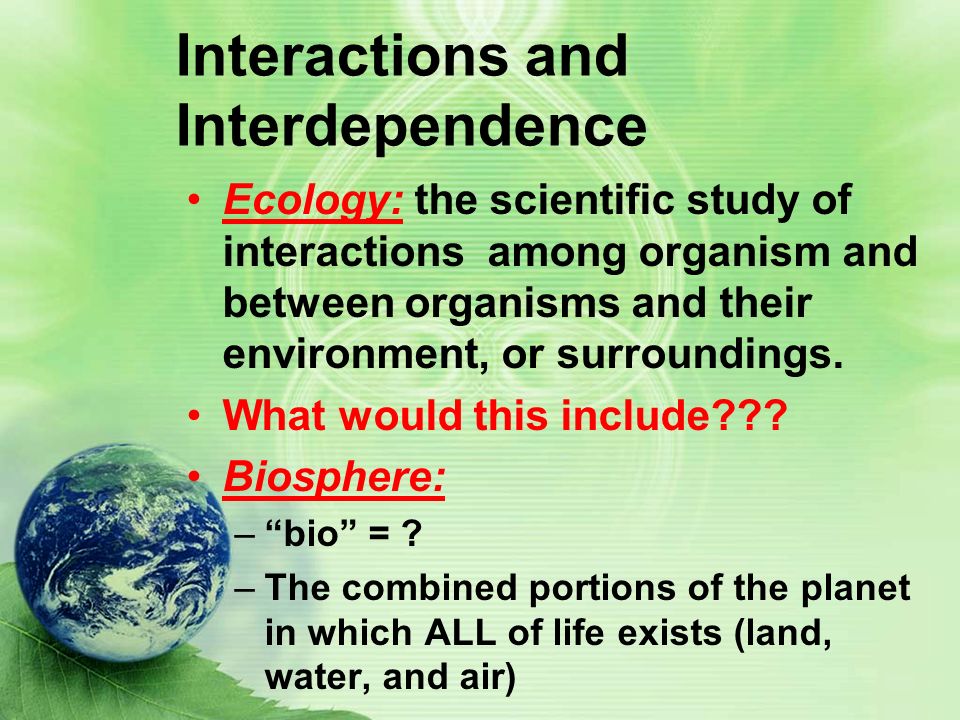 Interactions and Interdependence Ecology: the scientific study of interactions among organism and between organisms and their environment, or surroundings.