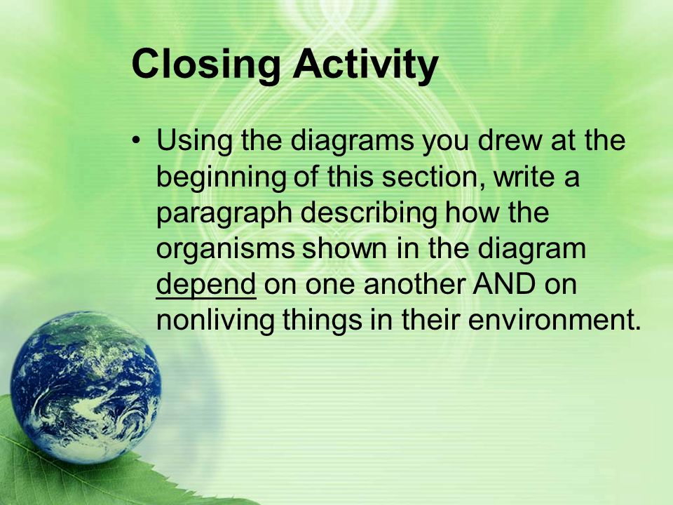 Closing Activity Using the diagrams you drew at the beginning of this section, write a paragraph describing how the organisms shown in the diagram depend on one another AND on nonliving things in their environment.