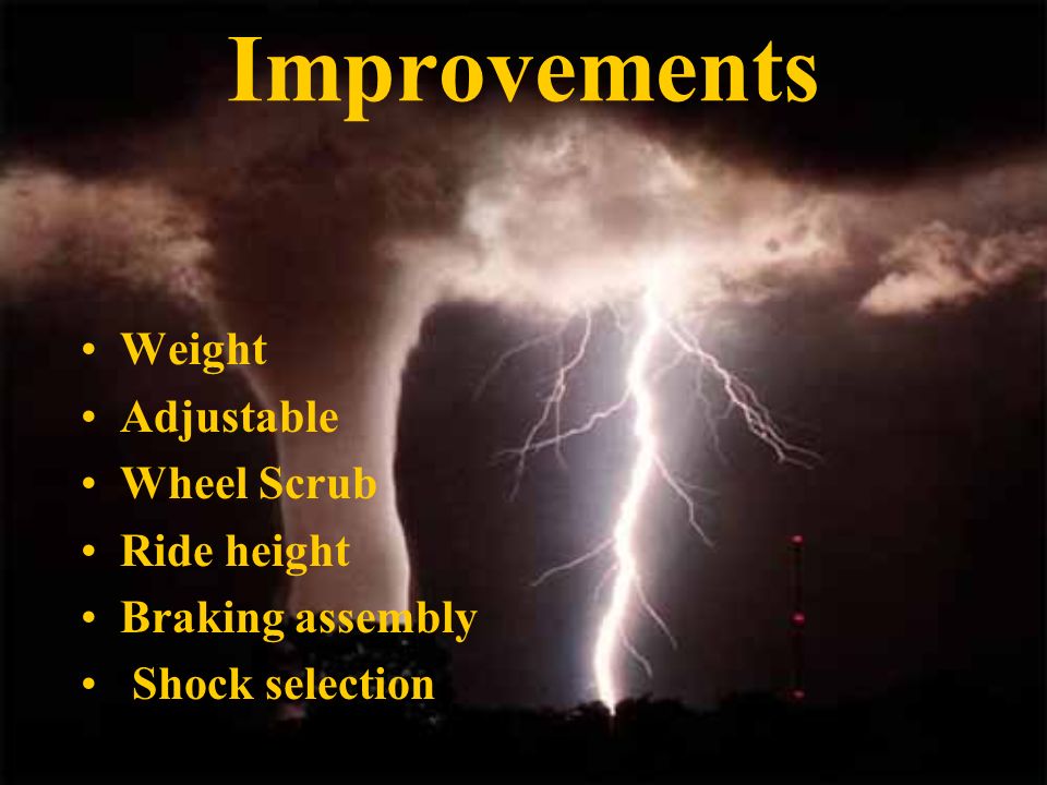 Improvements Weight Adjustable Wheel Scrub Ride height Braking assembly Shock selection