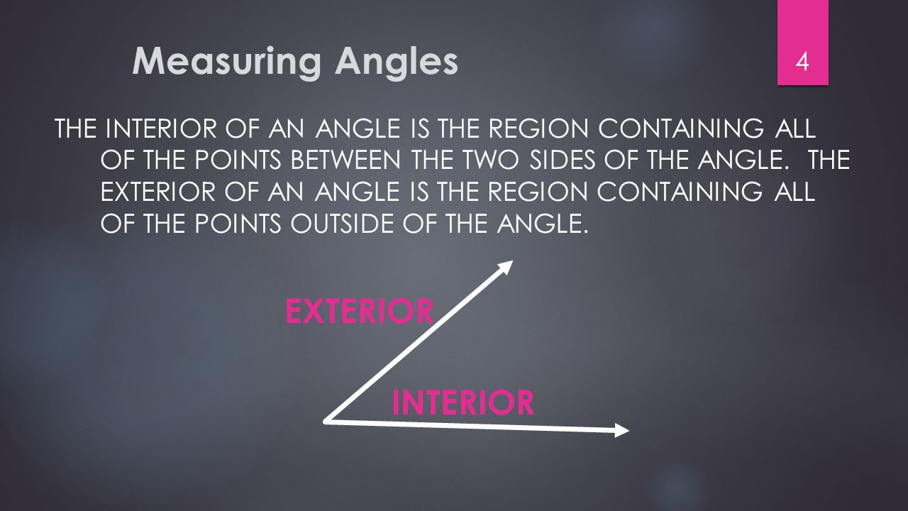 Measuring Angles THE INTERIOR OF AN ANGLE IS THE REGION CONTAINING ALL OF THE POINTS BETWEEN THE TWO SIDES OF THE ANGLE.