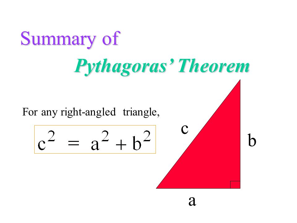 Pythagoras’ Theorem Hypotenuse -it is the side opposite to the right ...