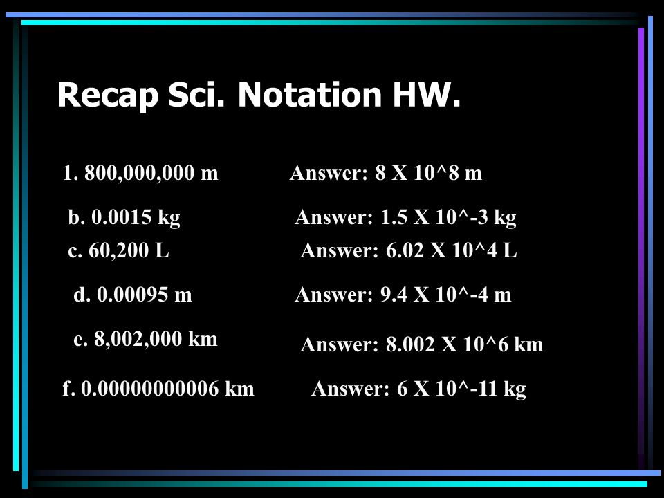 Recap Sci. Notation HW ,000,000 mAnswer: 8 X 10^8 m b.
