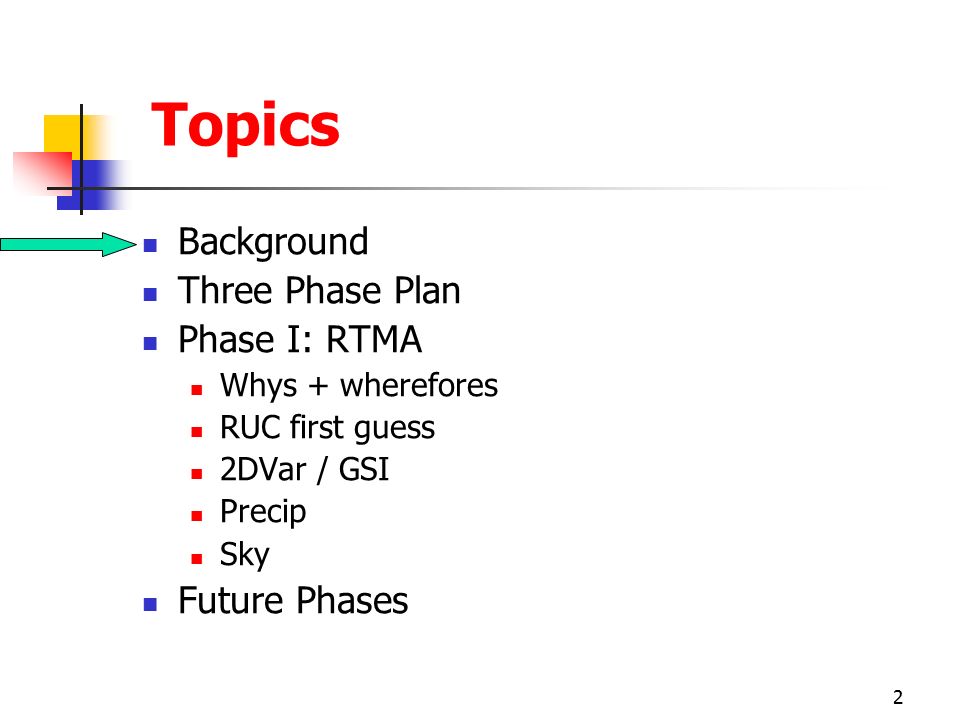 2 Topics Background Three Phase Plan Phase I: RTMA Whys + wherefores RUC first guess 2DVar / GSI Precip Sky Future Phases