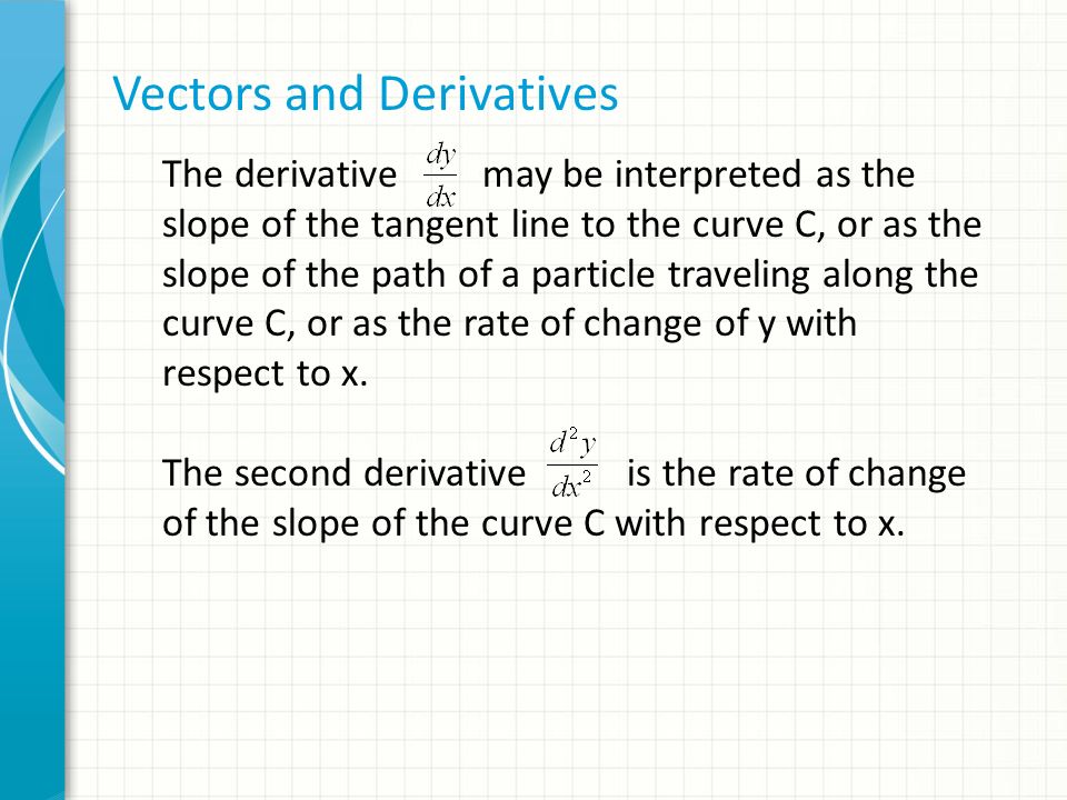 Vectors and Derivatives The derivativemay be interpreted as the slope of the tangent line to the curve C, or as the slope of the path of a particle traveling along the curve C, or as the rate of change of y with respect to x.
