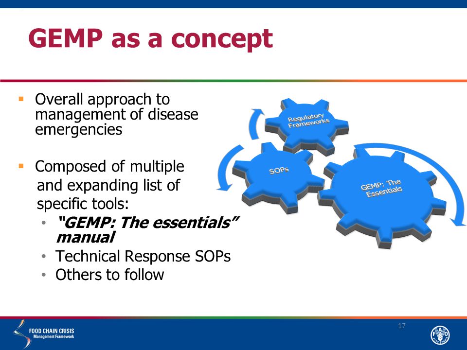 GEMP as a concept  Overall approach to management of disease emergencies  Composed of multiple and expanding list of specific tools: GEMP: The essentials manual Technical Response SOPs Others to follow 17