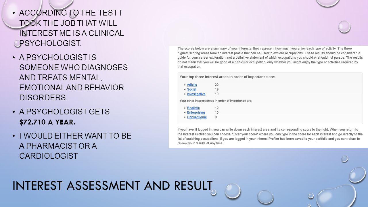 INTEREST ASSESSMENT AND RESULT ACCORDING TO THE TEST I TOOK THE JOB THAT WILL INTEREST ME IS A CLINICAL PSYCHOLOGIST.