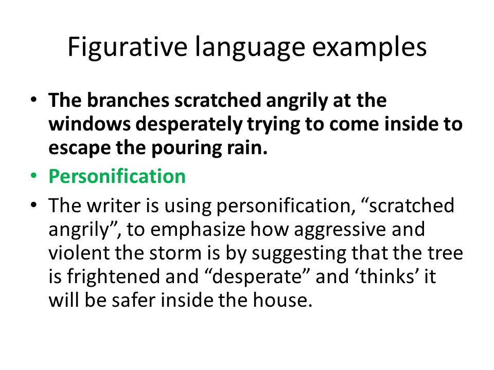 Figurative language examples The branches scratched angrily at the windows desperately trying to come inside to escape the pouring rain.