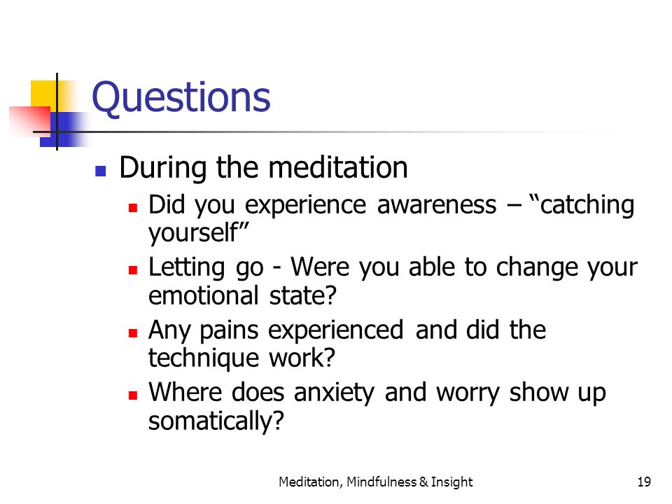 Meditation, Mindfulness & Insight19 Questions During the meditation Did you experience awareness – catching yourself Letting go - Were you able to change your emotional state.