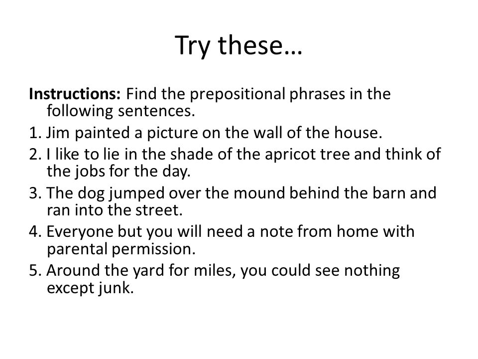 Try these… Instructions: Find the prepositional phrases in the following sentences.