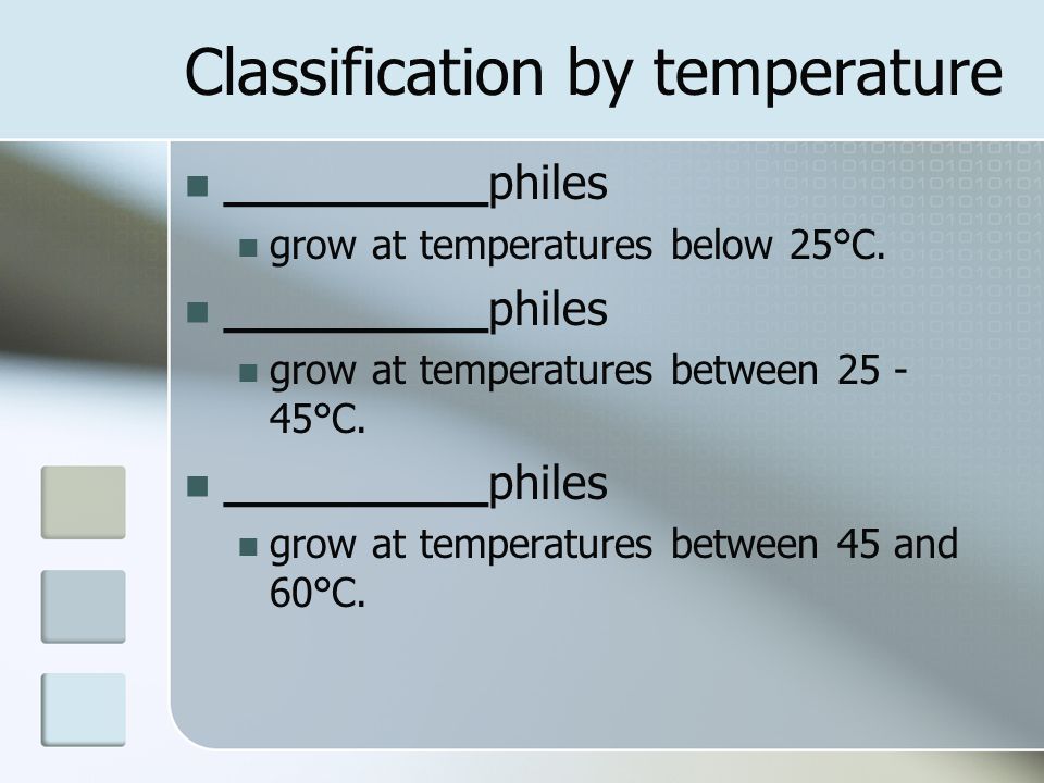 Classification by temperature _________philes grow at temperatures below 25°C.