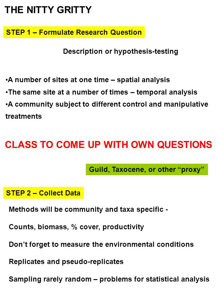 THE NITTY GRITTY STEP 1 – Formulate Research Question Description or hypothesis-testing CLASS TO COME UP WITH OWN QUESTIONS A number of sites at one time – spatial analysis The same site at a number of times – temporal analysis A community subject to different control and manipulative treatments STEP 2 – Collect Data Methods will be community and taxa specific - Counts, biomass, % cover, productivity Don’t forget to measure the environmental conditions Replicates and pseudo-replicates Sampling rarely random – problems for statistical analysis Guild, Taxocene, or other proxy