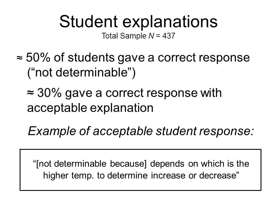 Student explanations Total Sample N = 437 ≈ 50% of students gave a correct response ( not determinable ) ≈ 30% gave a correct response with acceptable explanation Example of acceptable student response: [not determinable because] depends on which is the higher temp.